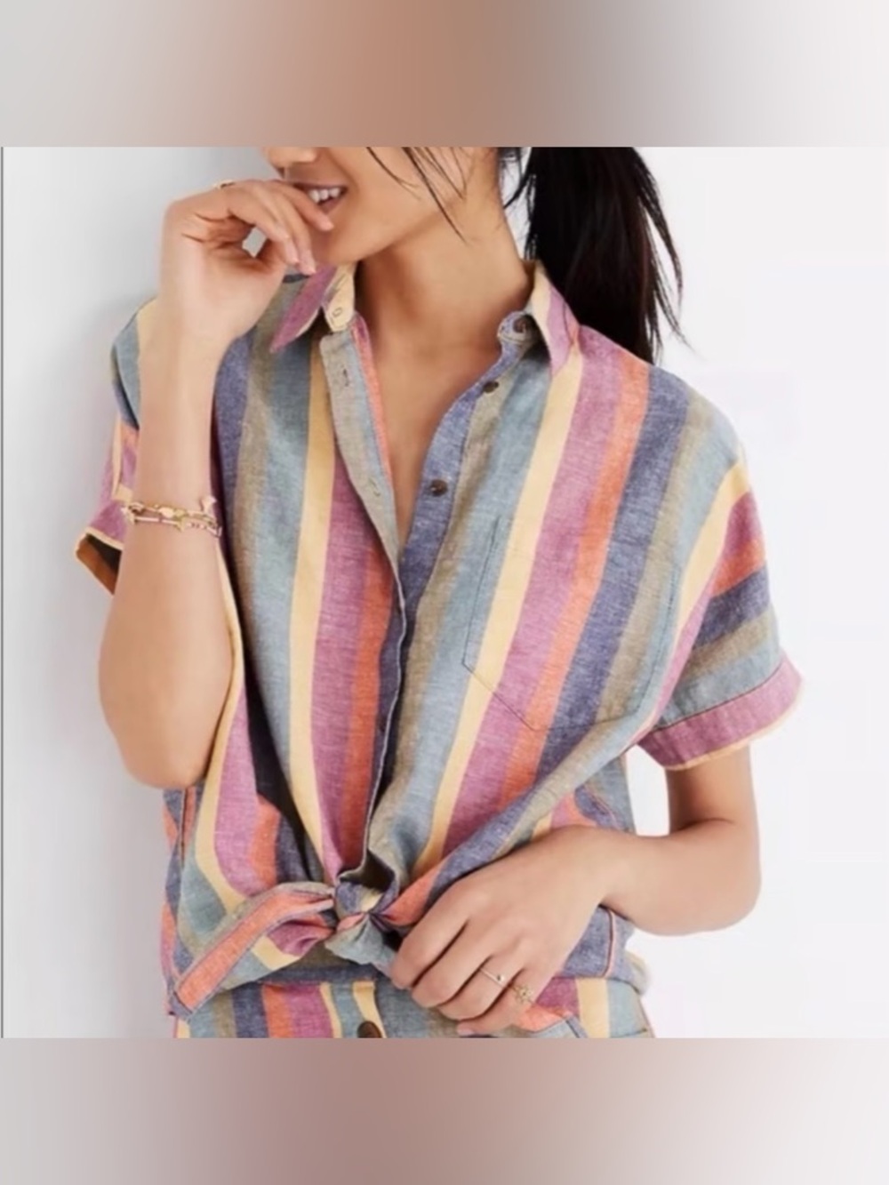 Madewell Pastel Multistripe Button-Front Tie-Hem Shirt